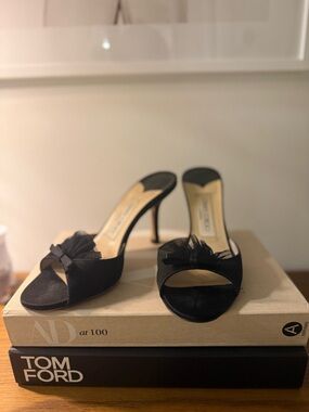 Jimmy Choo Black Open-Toe Stiletto Mules with Bow Accent